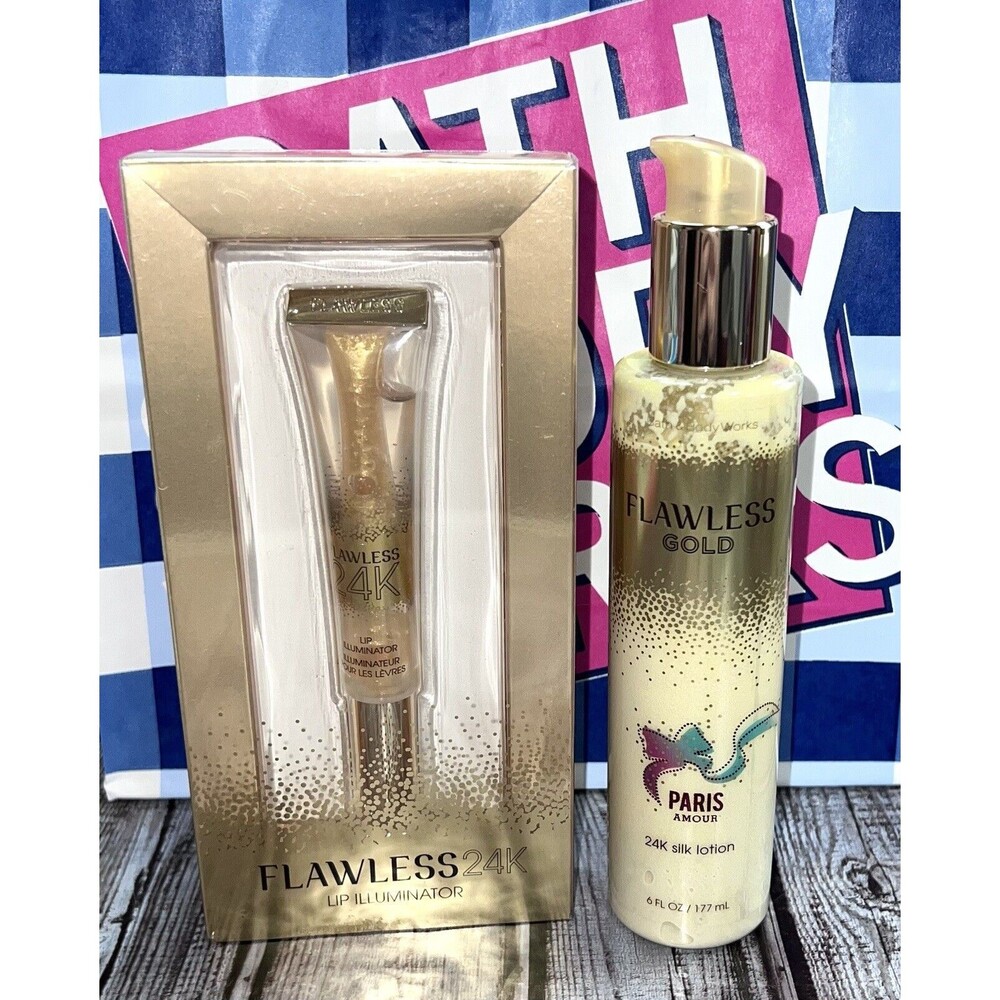 Lot x2 Bath and Body Works Flawless Gold Paris Amour 24K Silk Lotion & Lip Gloss